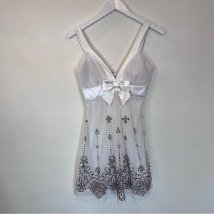 Taboo Y2K Dress Fairy White Brown Tule Medium Bow Beads Sequins